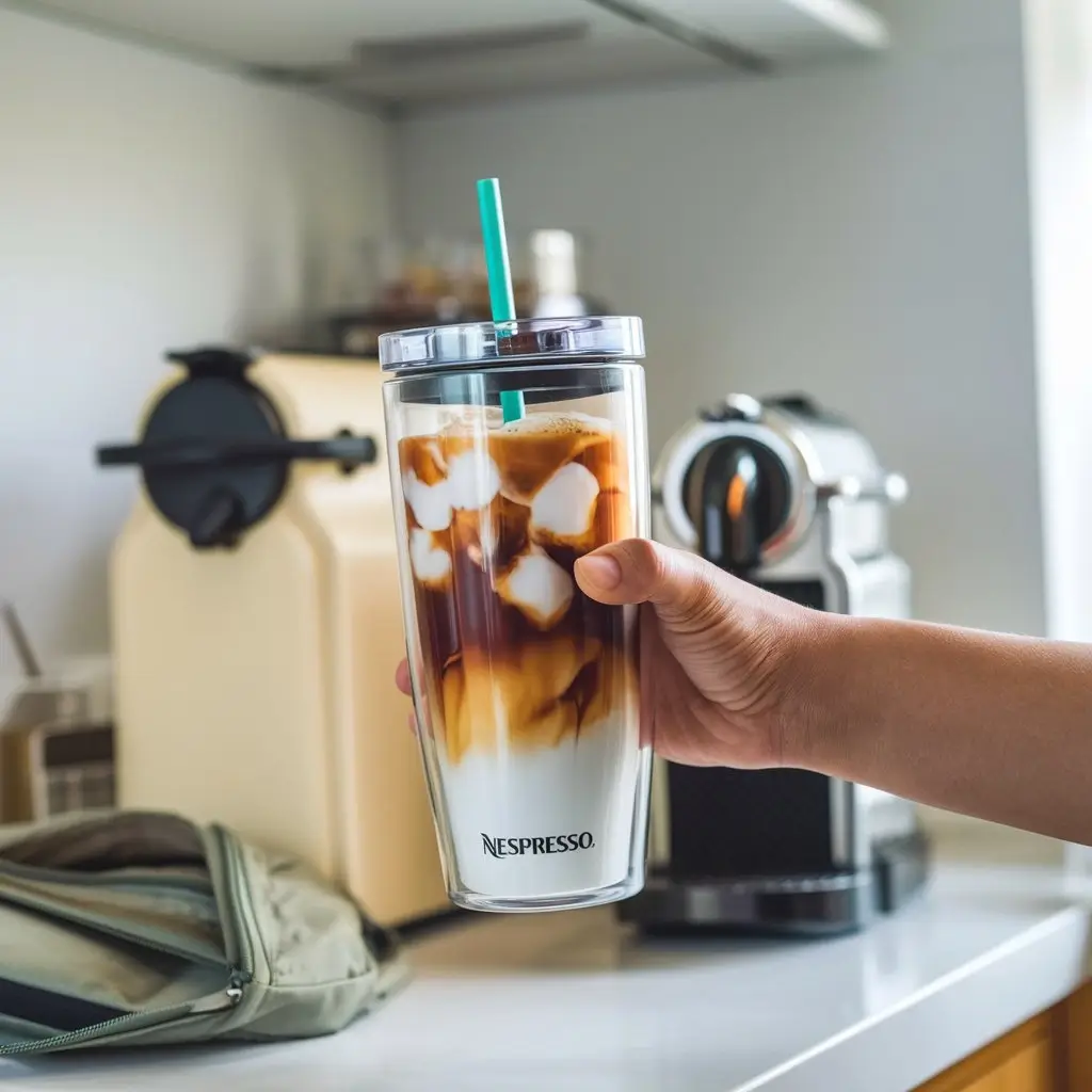 Reusable travel tumbler filled with Nespresso iced coffee, ready for busy mornings.