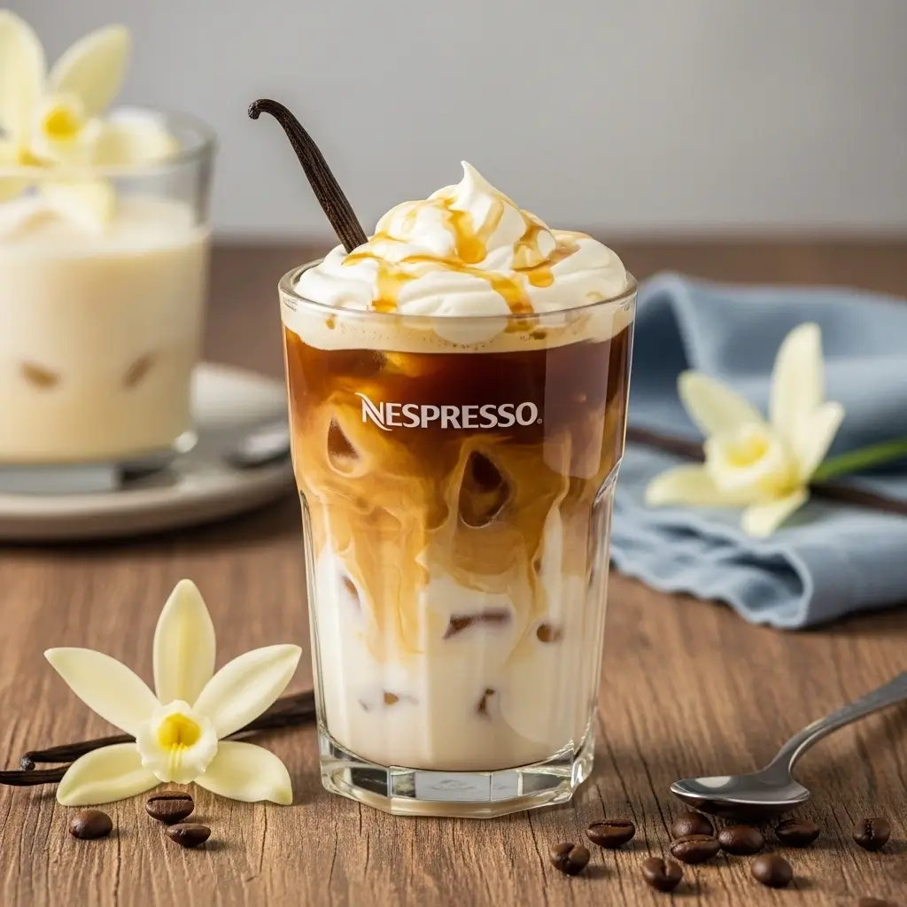 Nespresso iced coffee topped with homemade vanilla sweet cream and vanilla syrup drizzle.