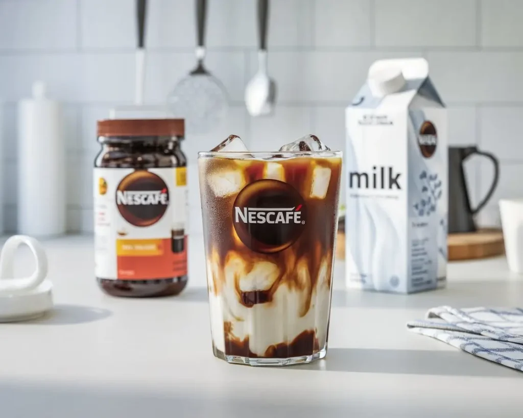 A quick and tasty Nescafe iced coffee with ice and creamy swirl in a clear glass.