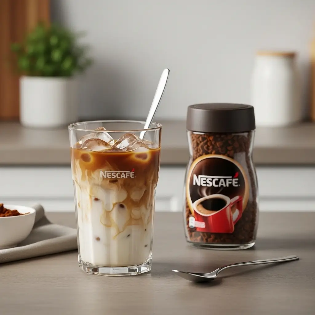 Glass of iced coffee with ice and milk beside an open Nescafe jar on a wooden surface.