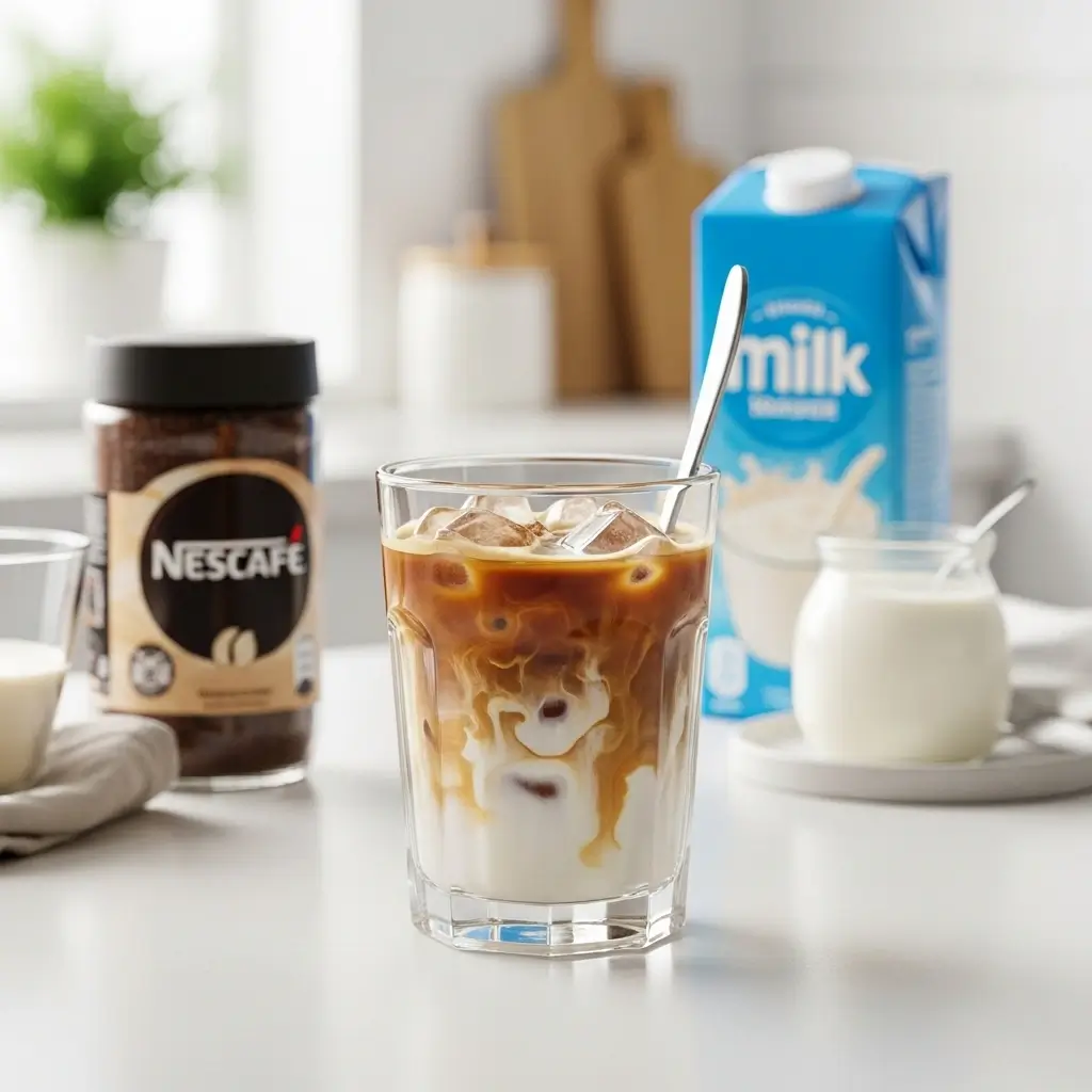 Fresh Nescafe iced coffee with ice and milk swirl in a clear glass on a kitchen counter.