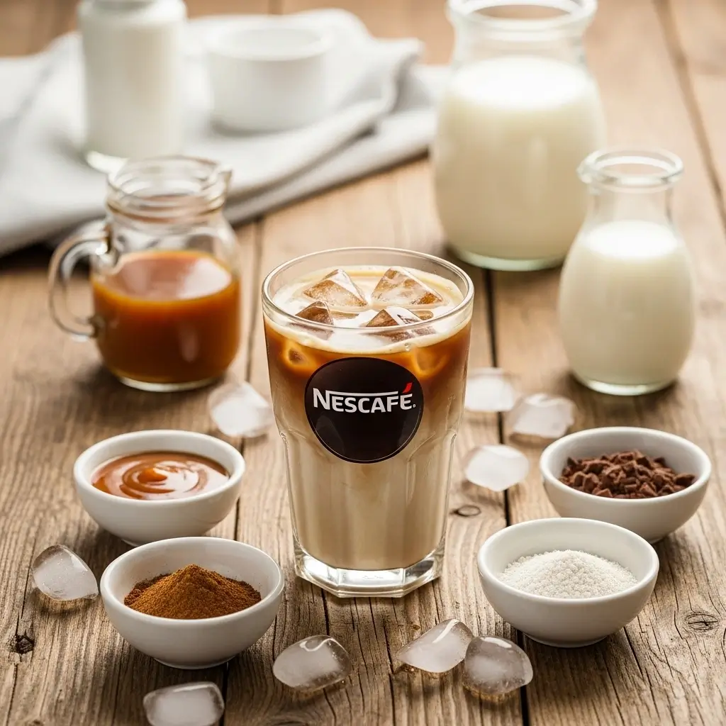 Nescafe iced coffee with flavor boosters like syrups, spices, and milk options.