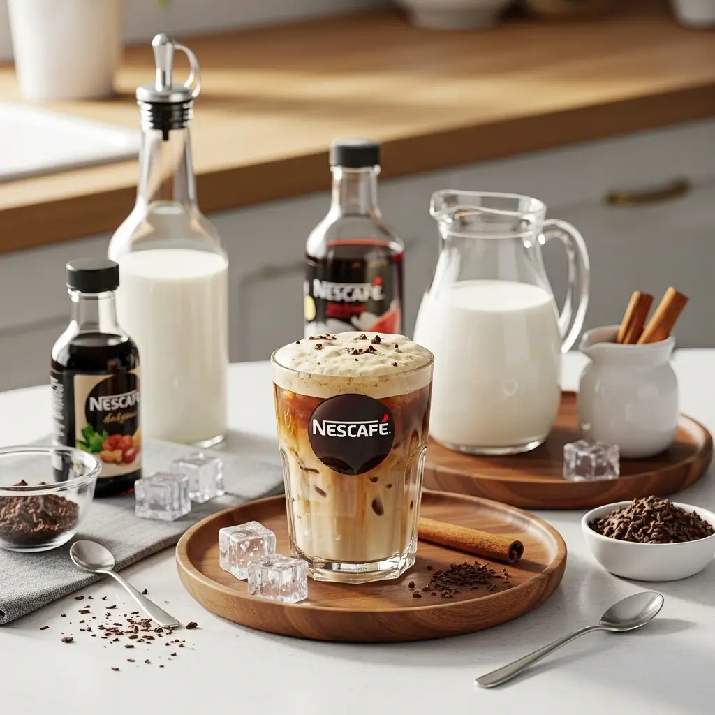 Nescafe iced coffee with ice and toppings, surrounded by syrups and flavor add-ins