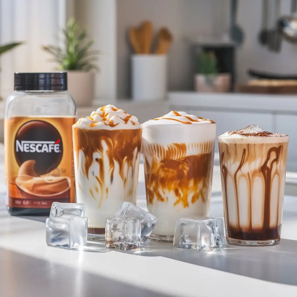 Three Nescafe iced coffee recipes with different flavors like vanilla, caramel, and cocoa.