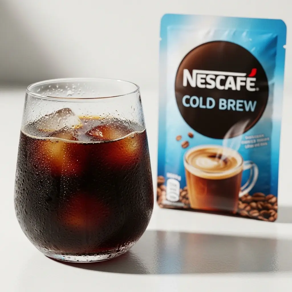 Close-up of Nescafe cold brew coffee with ice next to an instant cold brew coffee pouch.