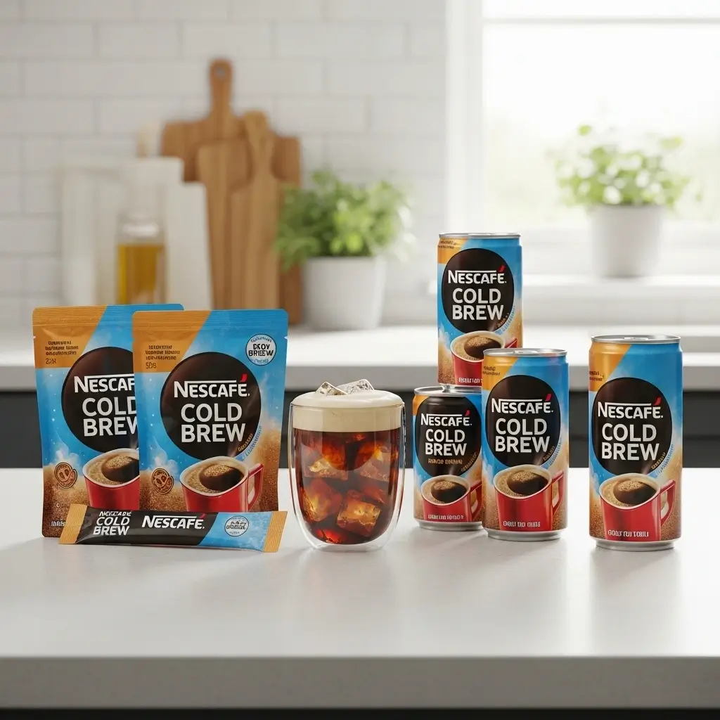 Nescafe cold brew products displayed with a glass of cold brew iced coffee on a kitchen counter.