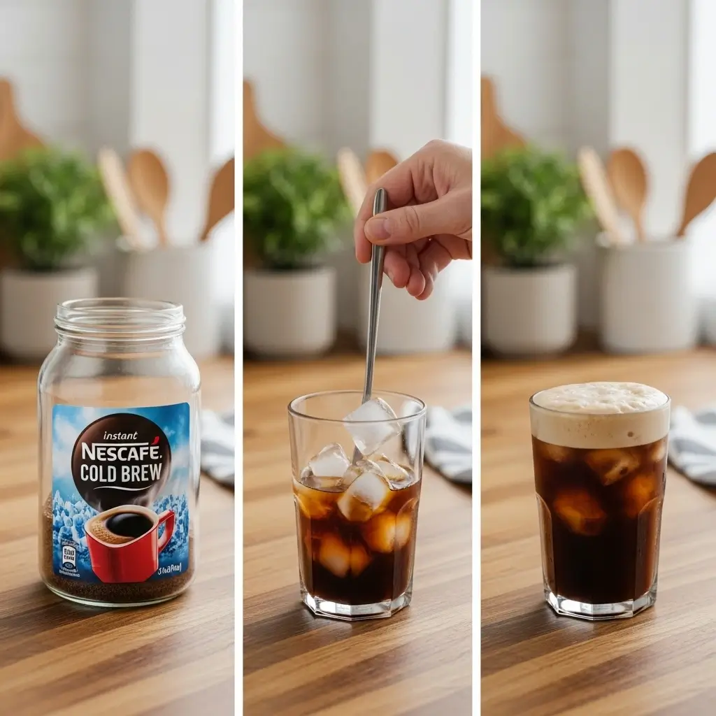 Step-by-step images of making Nescafe cold brew iced coffee at home.