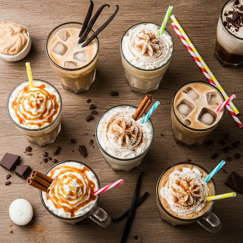 Assortment of iced coffee drinks with creative toppings and flavor additions on a wooden table.