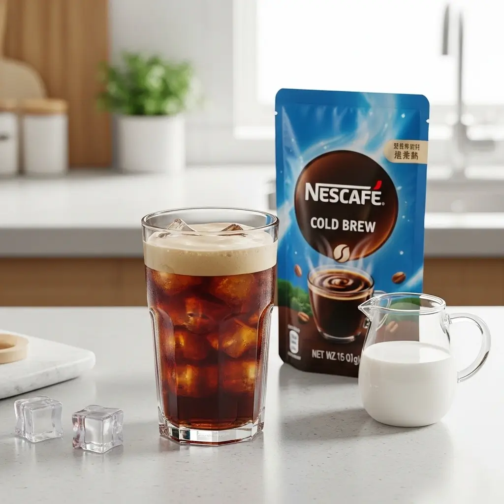 Perfect Nescafe cold brew iced coffee with foam next to cold brew pouch and milk pitcher.
