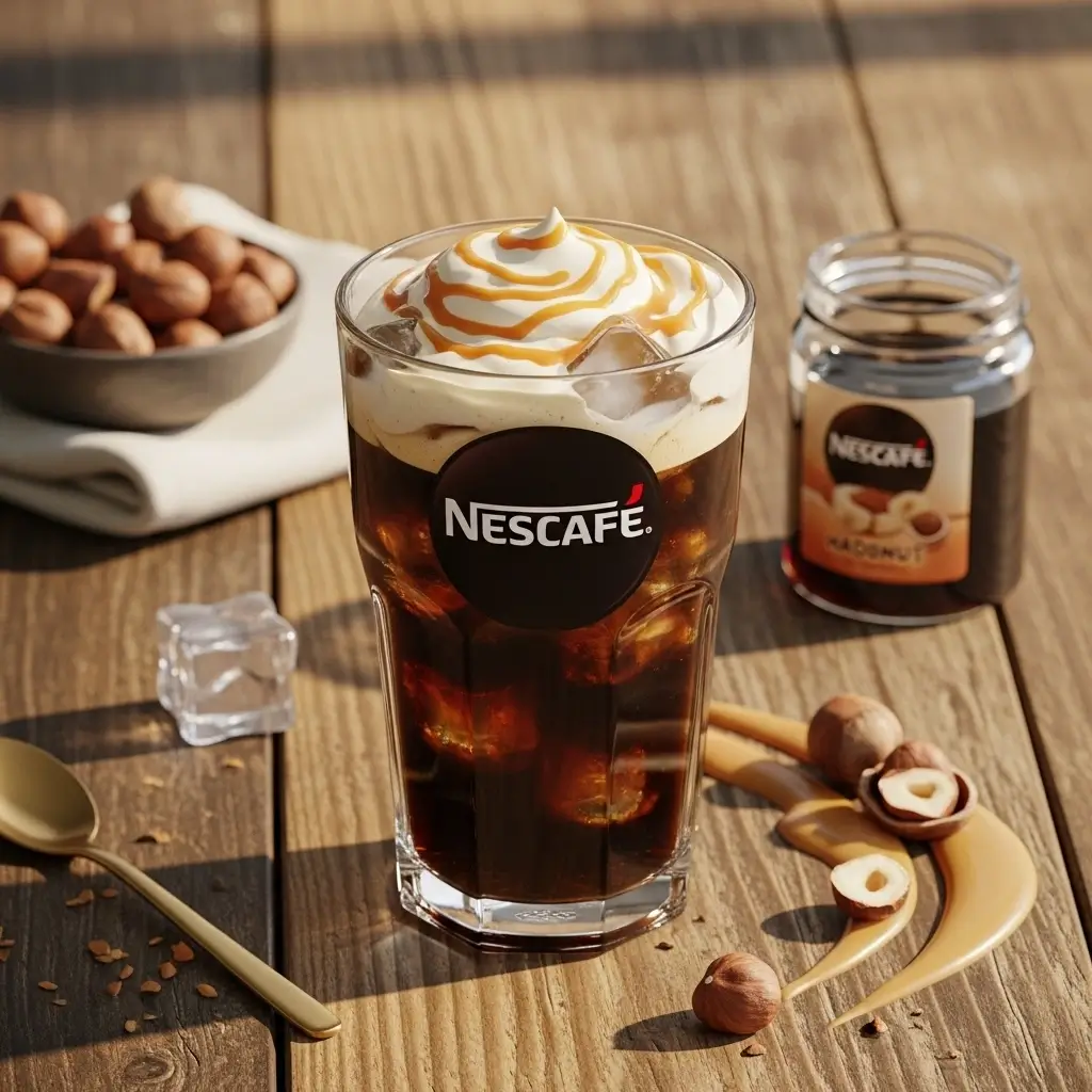Nescafe cold brew iced coffee topped with creamy hazelnut foam and caramel drizzle.