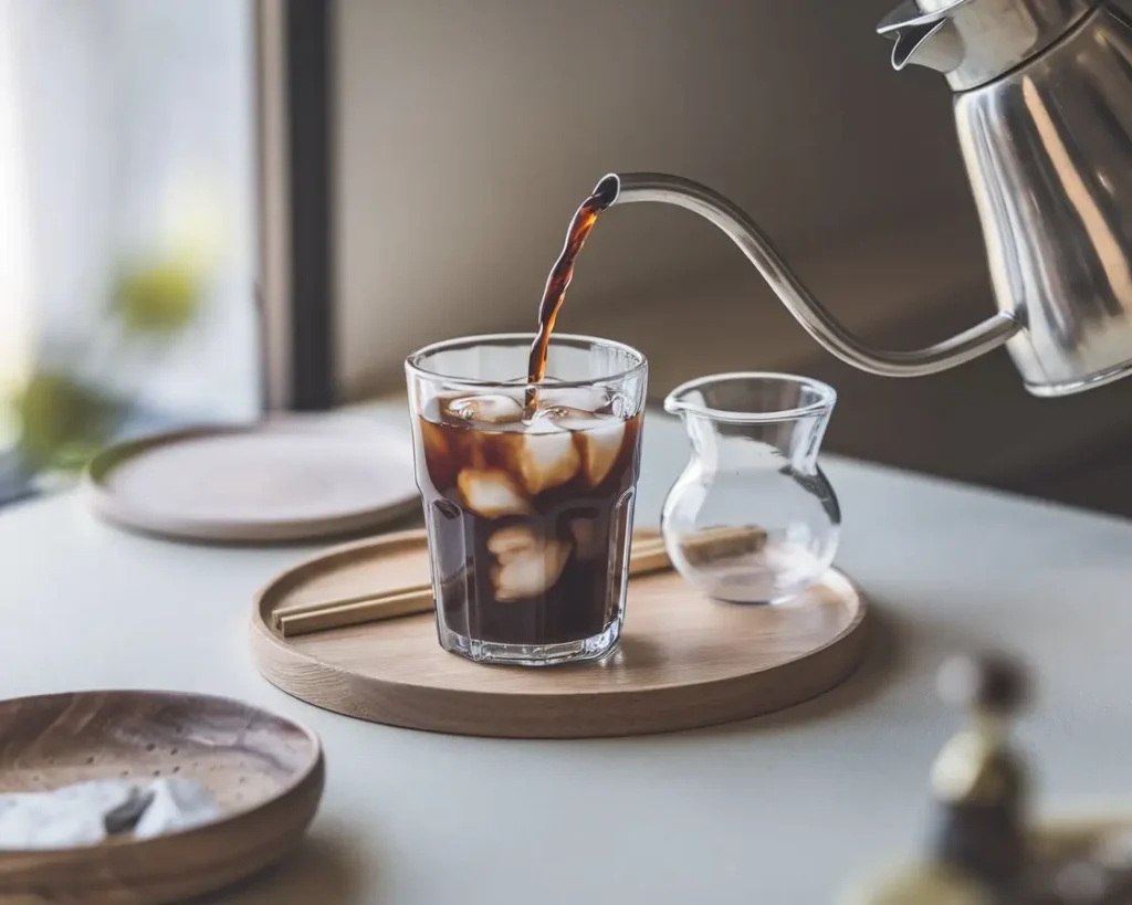 Japanese iced coffee served in a glass with ice, poured from a kettle, on a wooden tray.