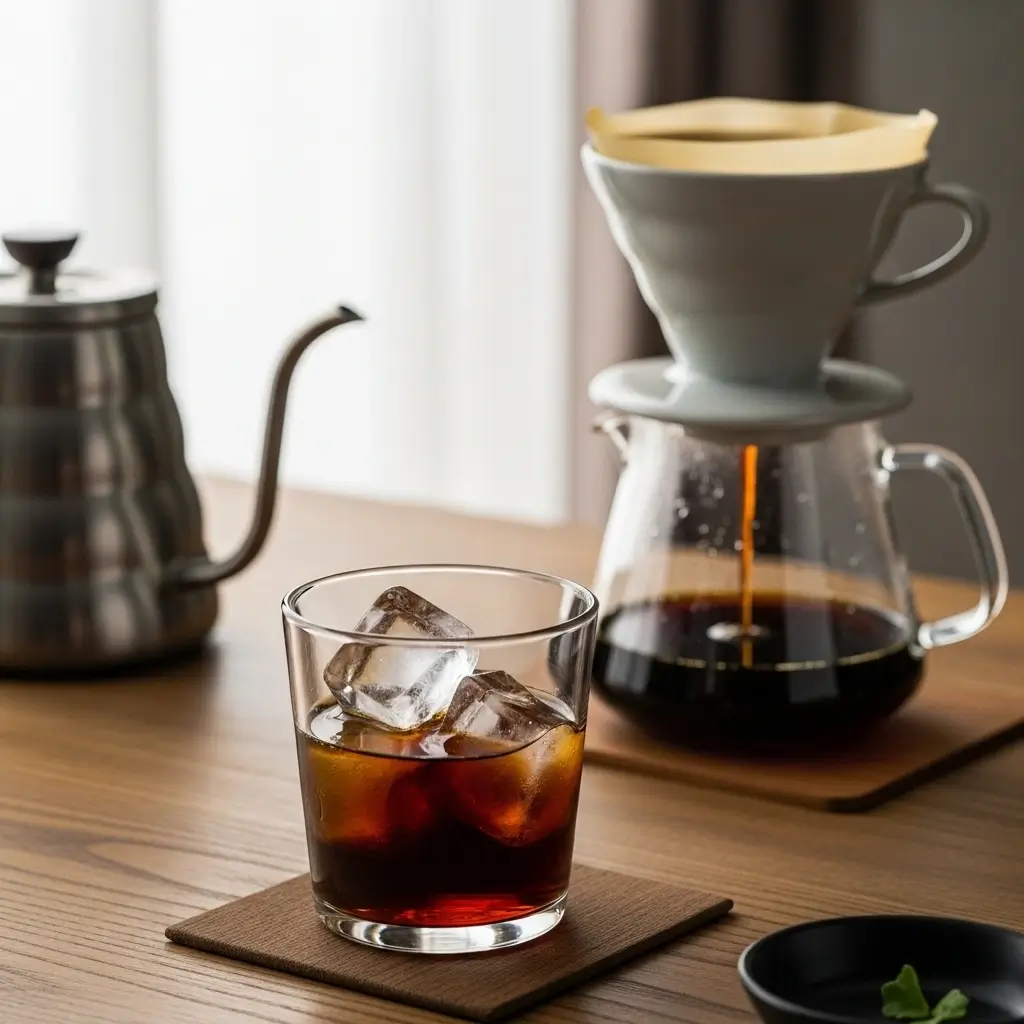 Japanese iced coffee brewed directly over ice using a pour-over setup on a wooden table.