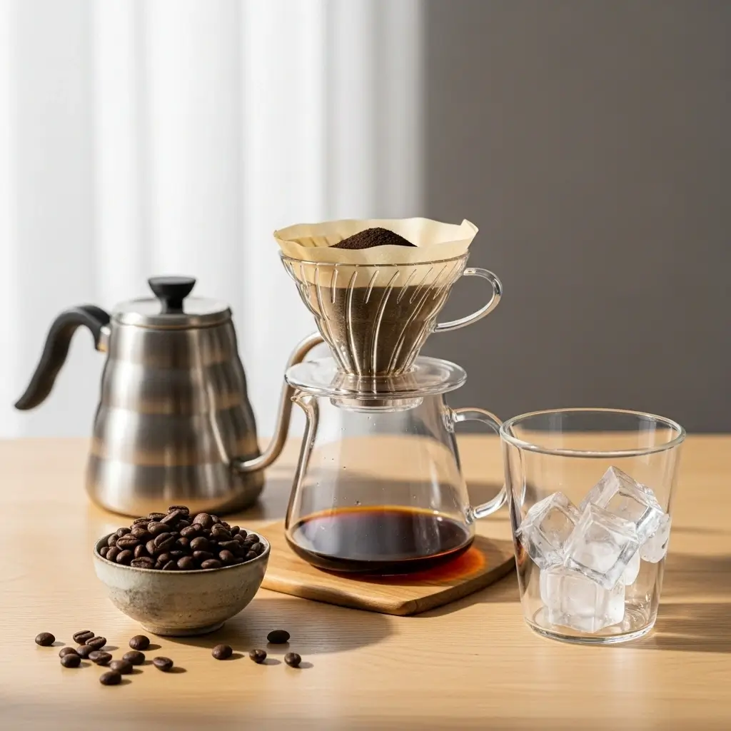 Coffee beans, pour-over gear, and a glass of ice prepared for Japanese iced coffee.