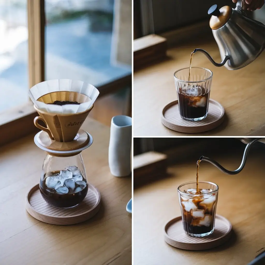 Step-by-step images of brewing Japanese iced coffee with a pour-over method over ice.