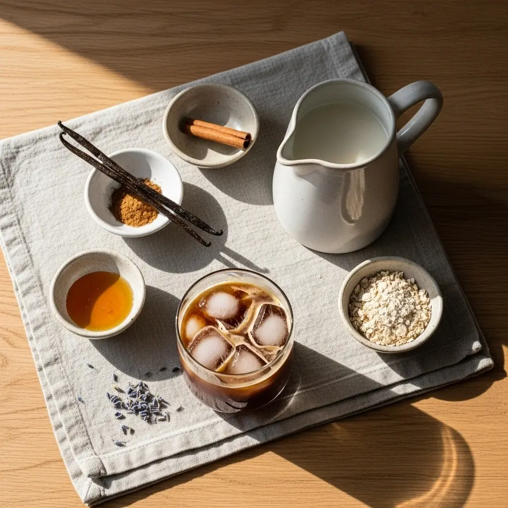 Japanese iced coffee with natural add-ins like vanilla, cinnamon, lavender, and oat milk.