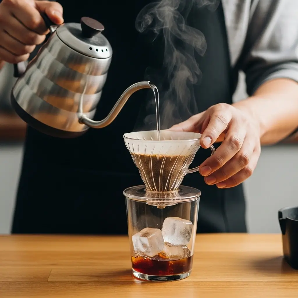 Barista pouring hot water over coffee grounds in a pour-over cone above ice.