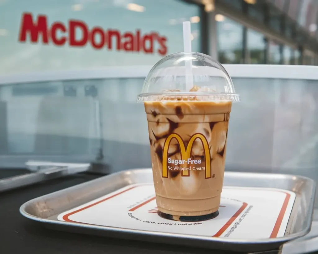 Sugar-free McDonald’s iced coffee in a clear plastic cup with ice and light cream.