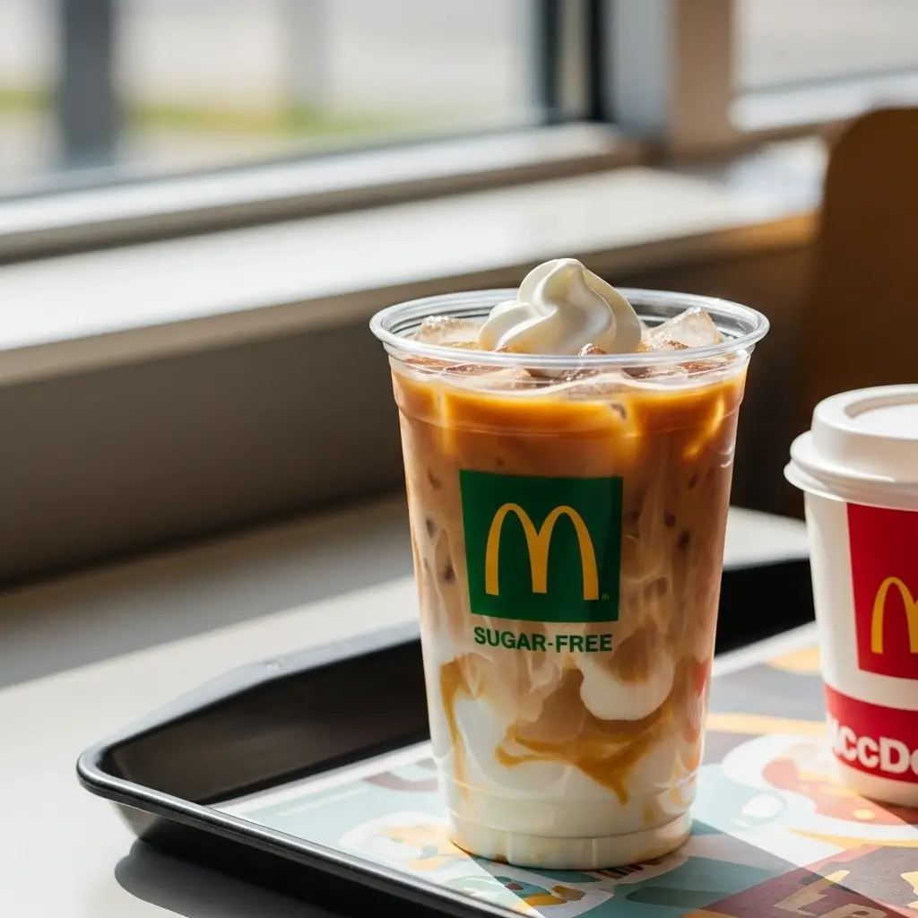 McDonald’s sugar-free iced coffee with ice and cream swirl on a restaurant tray table.
