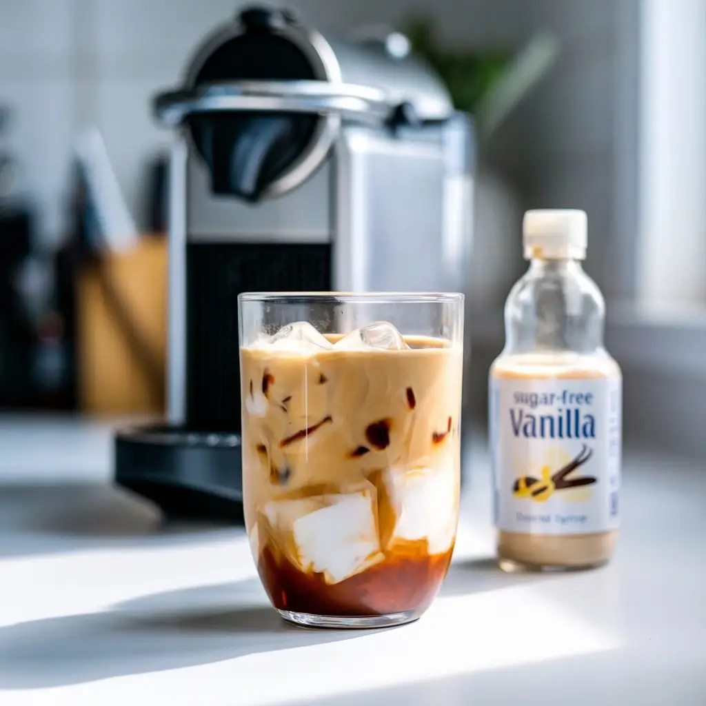Homemade sugar-free iced coffee in a clear glass with ice and light cream on a kitchen counter.