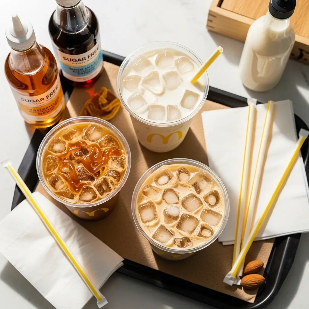 Three iced coffees with sugar-free customizations like caramel, vanilla, and almond milk.