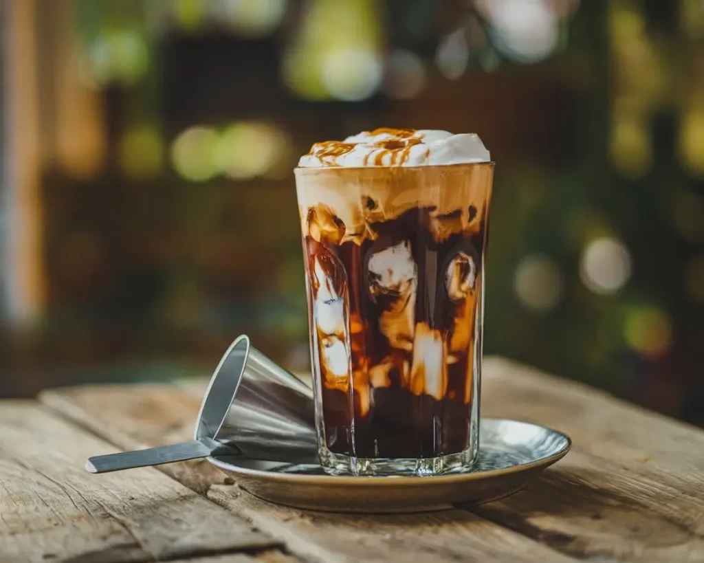 Vietnamese iced coffee with condensed milk and a traditional metal drip filter on a wooden table.