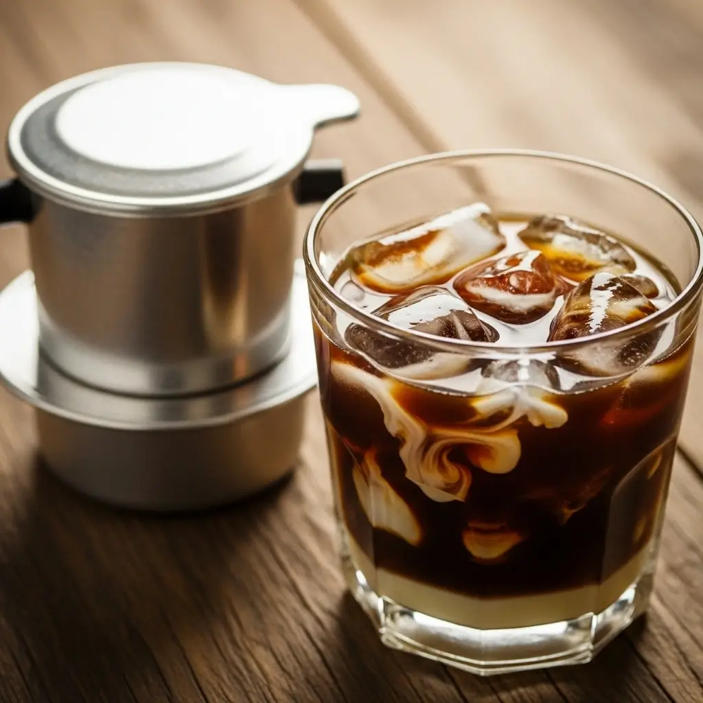 Vietnamese iced coffee with condensed milk and a metal drip filter on a wooden table.