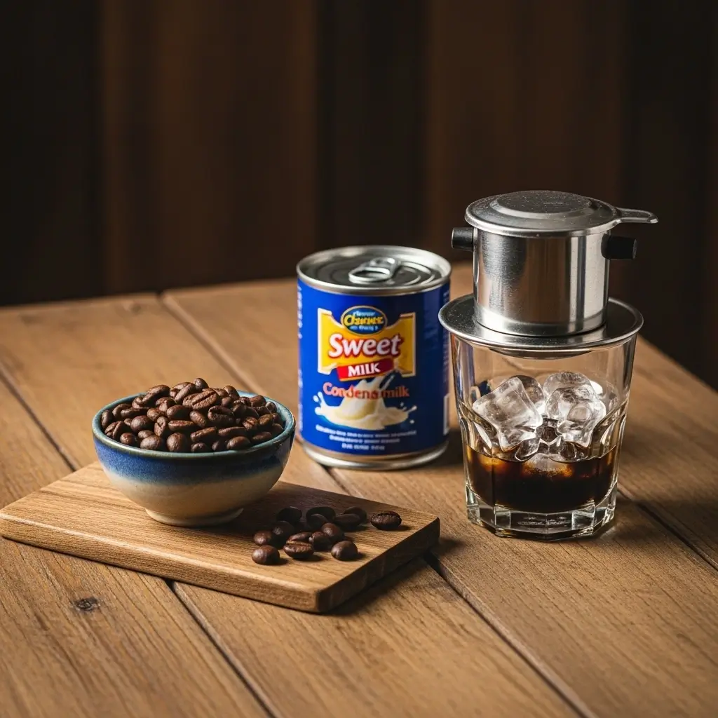 Ingredients for Vietnamese iced coffee including coffee beans, condensed milk, drip filter, and ice.