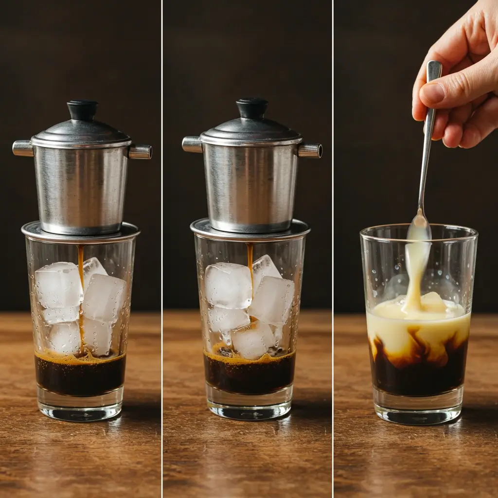 Step-by-step images of brewing Vietnamese iced coffee with a metal drip filter over ice and condensed milk.