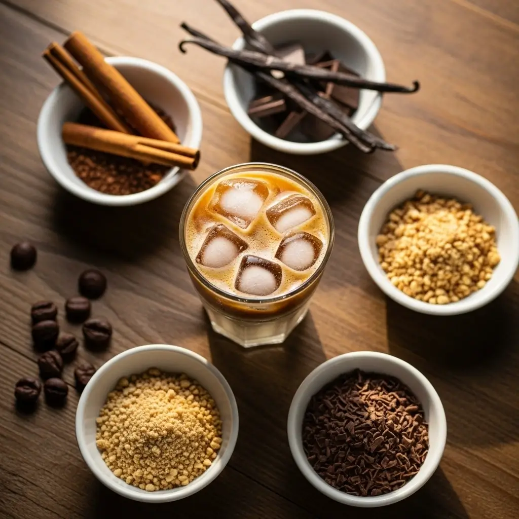Vietnamese iced coffee surrounded by flavor add-ons like cinnamon, vanilla, chocolate, and nuts.