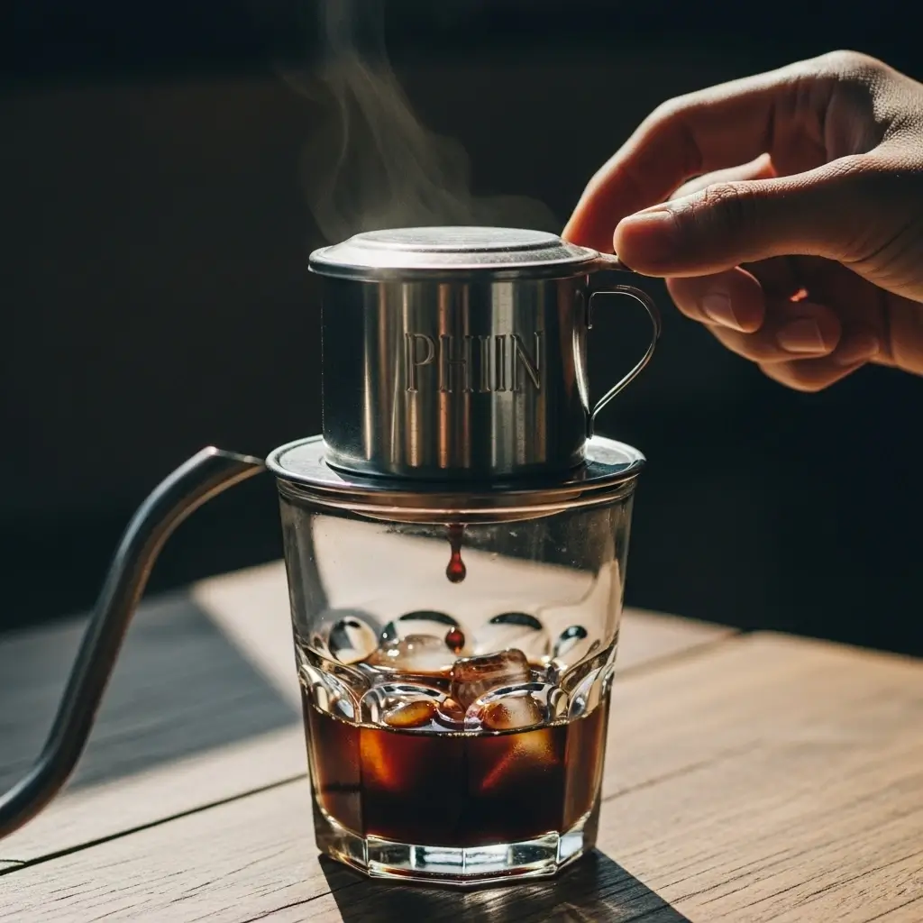 Vietnamese drip filter brewing coffee over ice with hand adjusting the filter.