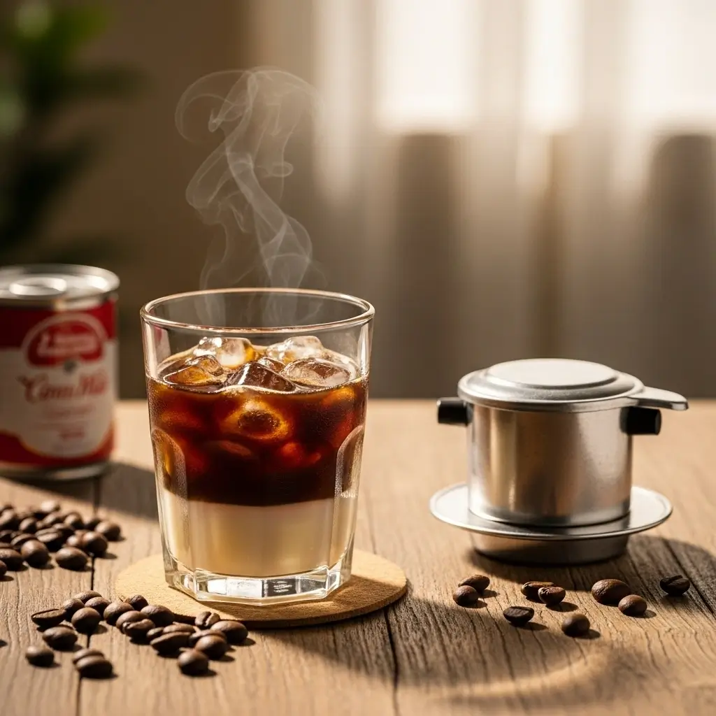 Vietnamese iced coffee with condensed milk, a drip filter, and coffee beans on a wooden table.