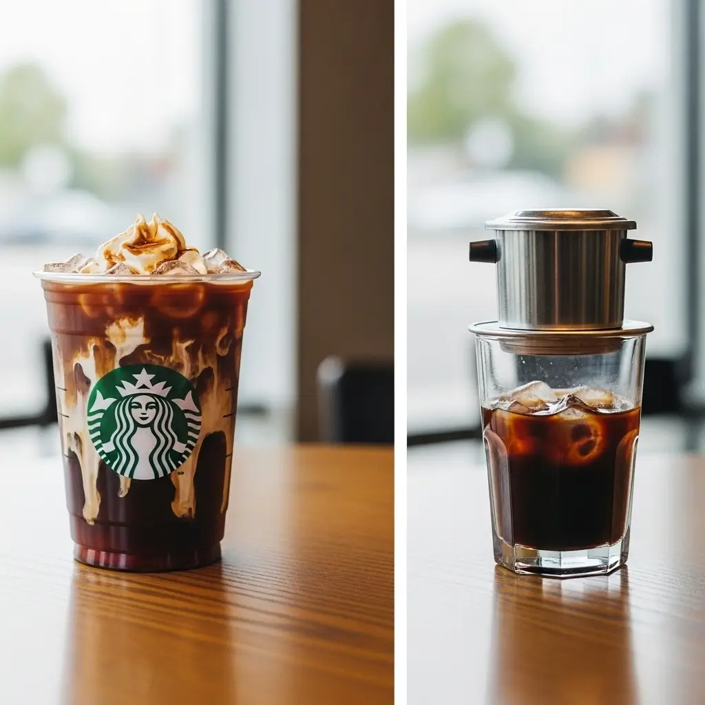 Starbucks iced coffee with creamy milk next to a traditional Vietnamese iced coffee for comparison.