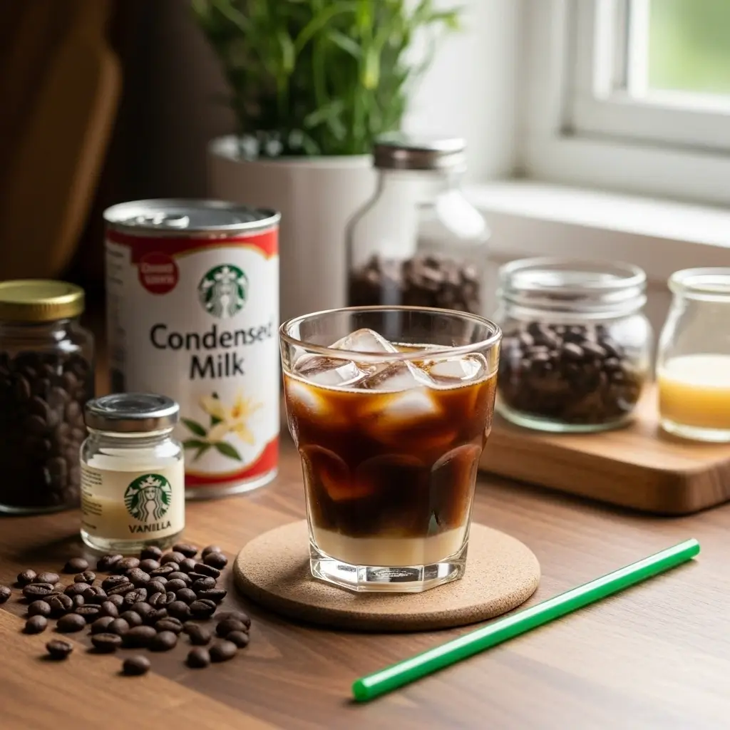 Homemade Vietnamese iced coffee styled like Starbucks, with recipe ingredients on a kitchen counter.