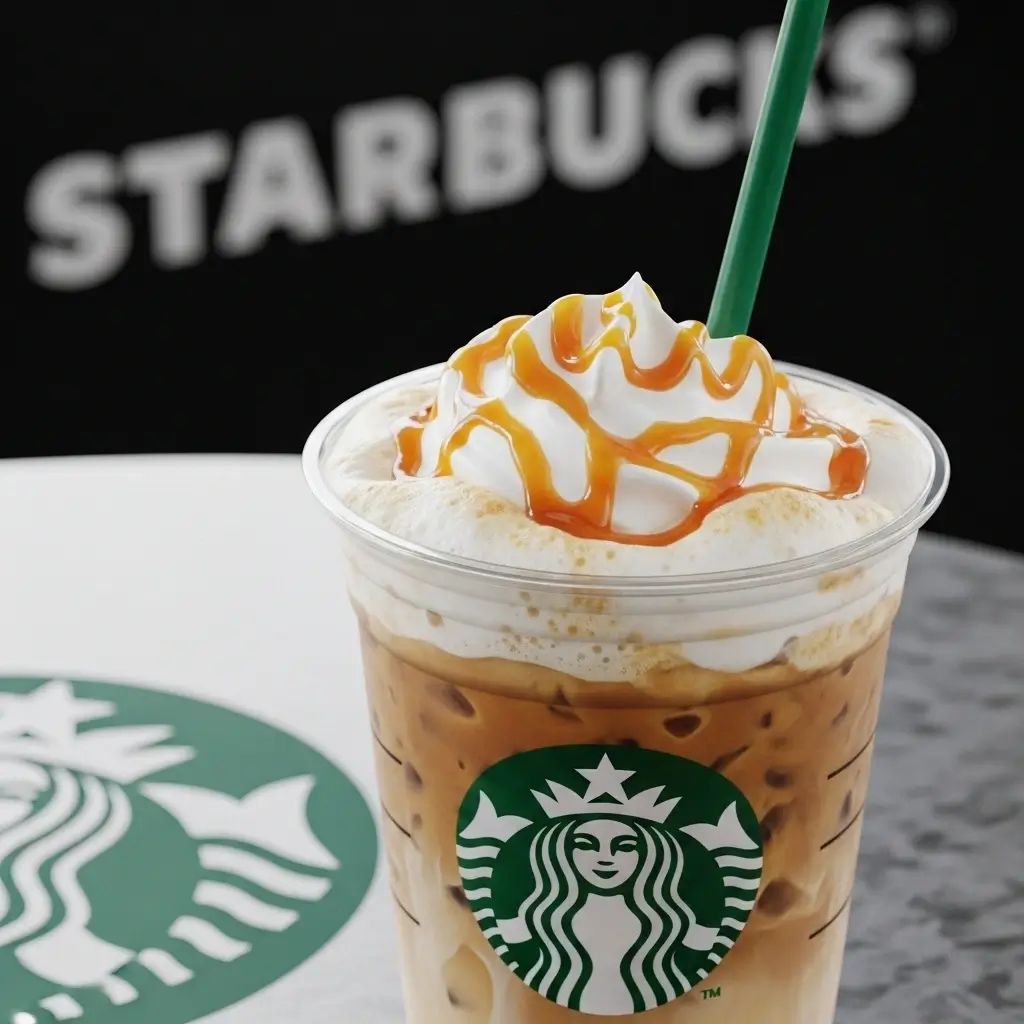 Starbucks-style Vietnamese iced coffee with cold foam and caramel drizzle on a café table.