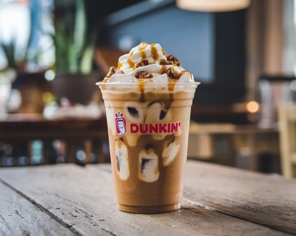 Dunkin’ butter pecan iced coffee with whipped cream, caramel drizzle, and pecan pieces.
