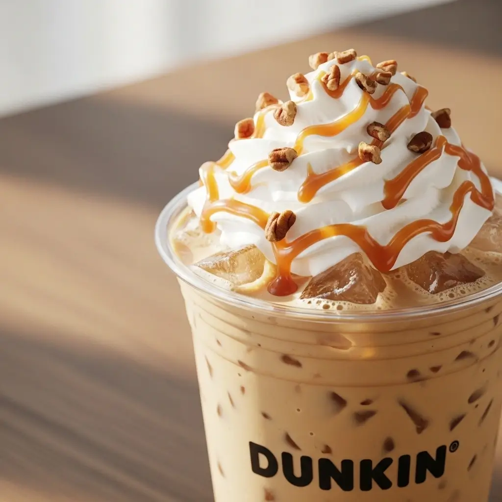 Close-up of Dunkin’ butter pecan iced coffee topped with whipped cream, caramel drizzle, and pecans.