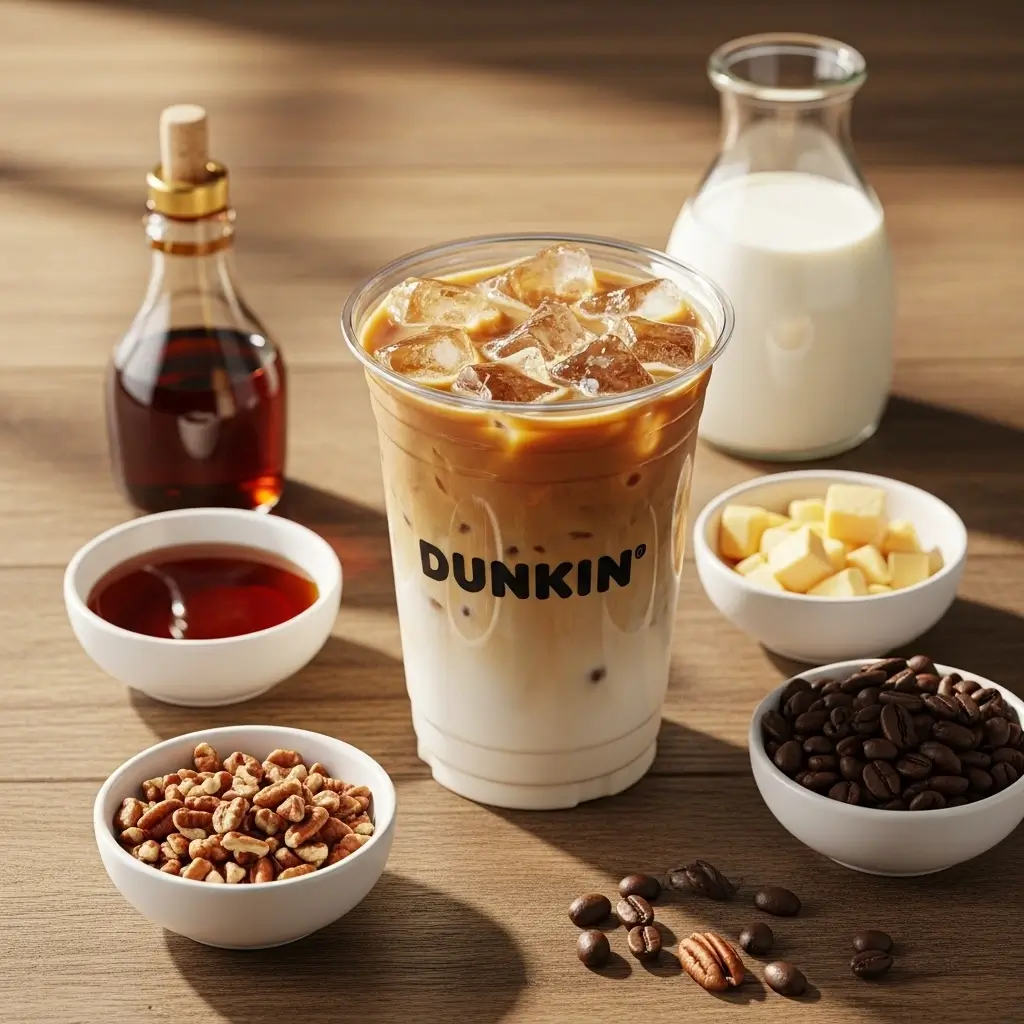 Dunkin’s Butter Pecan Iced Coffee with bowls of caramel syrup, pecans, butter flavor, milk, and coffee beans.