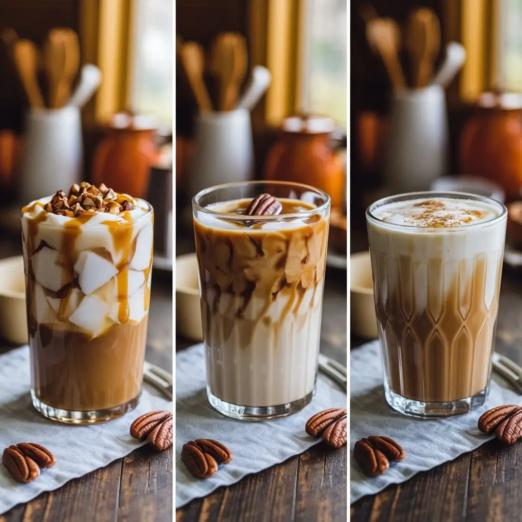 Three homemade butter pecan iced coffee drinks showing classic, vegan, and low-sugar versions.