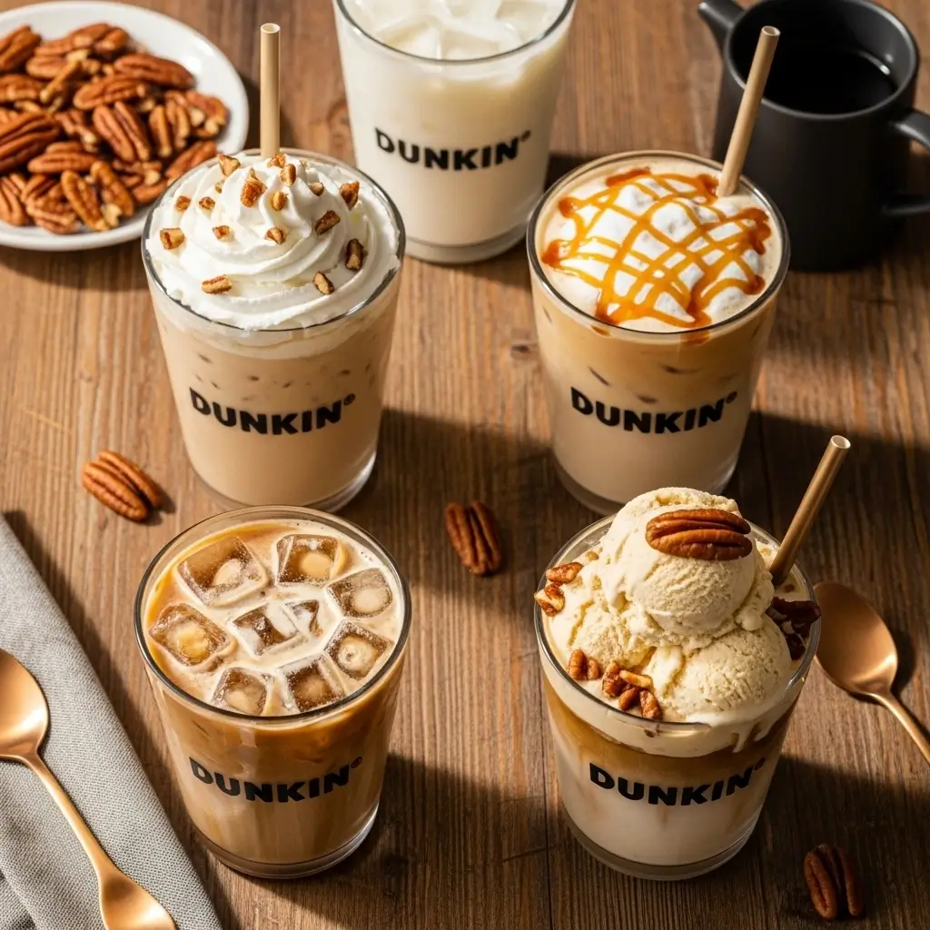 Four butter pecan iced coffee variations with whipped cream, caramel drizzle, pecan bits, and ice cream toppings.