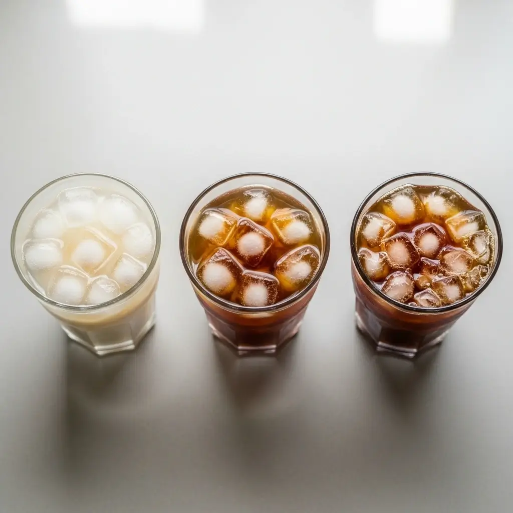 Three iced coffee glasses with varying ice levels to demonstrate how ice ratio affects flavor.