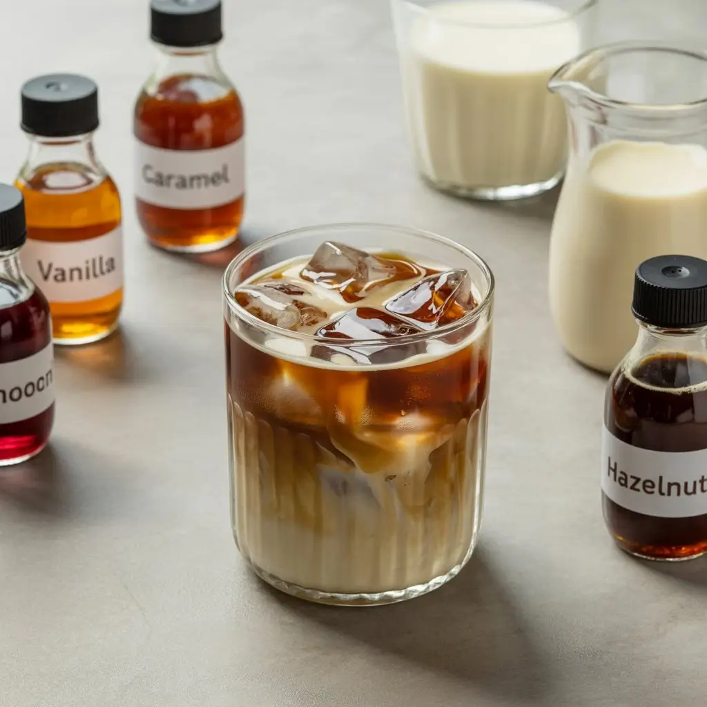 Iced coffee surrounded by flavored syrups and various milk options like oat and almond.