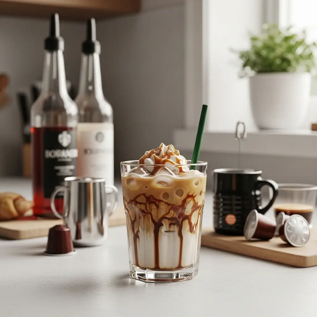 Homemade Starbucks-style iced coffee with caramel drizzle and coffee tools on a kitchen counter.