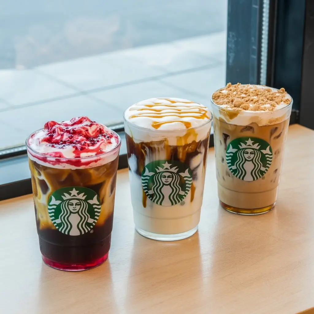 Three unique Starbucks-style iced drinks with creative customizations like cold foam, cookie crumble, and swirl drizzles.