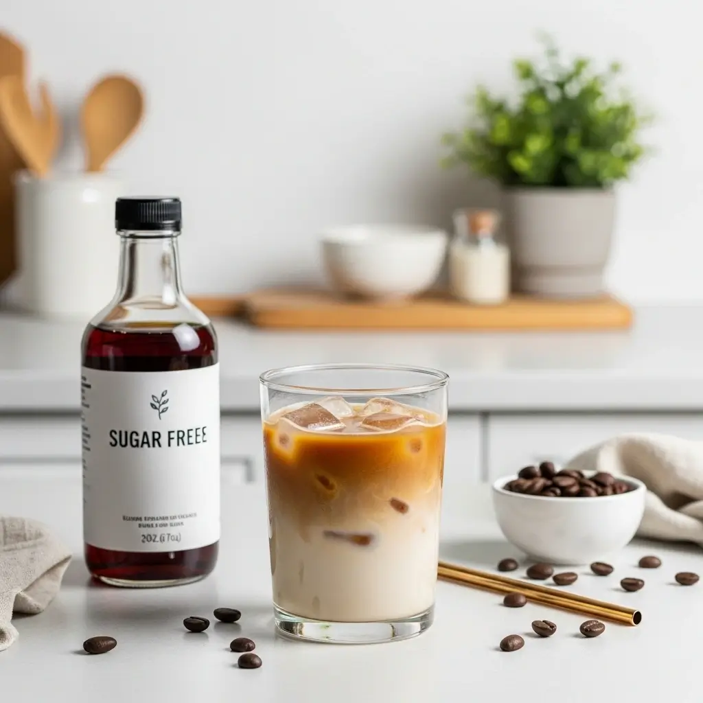 Low-calorie iced coffee with almond milk and sugar-free syrup on a clean kitchen counter.