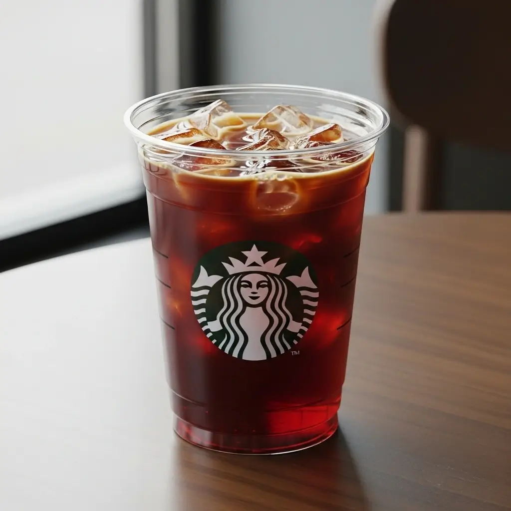 Classic black Starbucks iced coffee in a clear cup with ice on a clean café table.