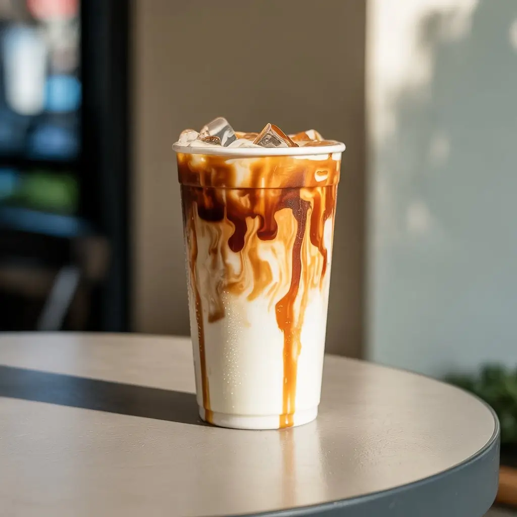 Iced caramel macchiato in a clear cup with visible espresso, milk layers, and caramel drizzle.