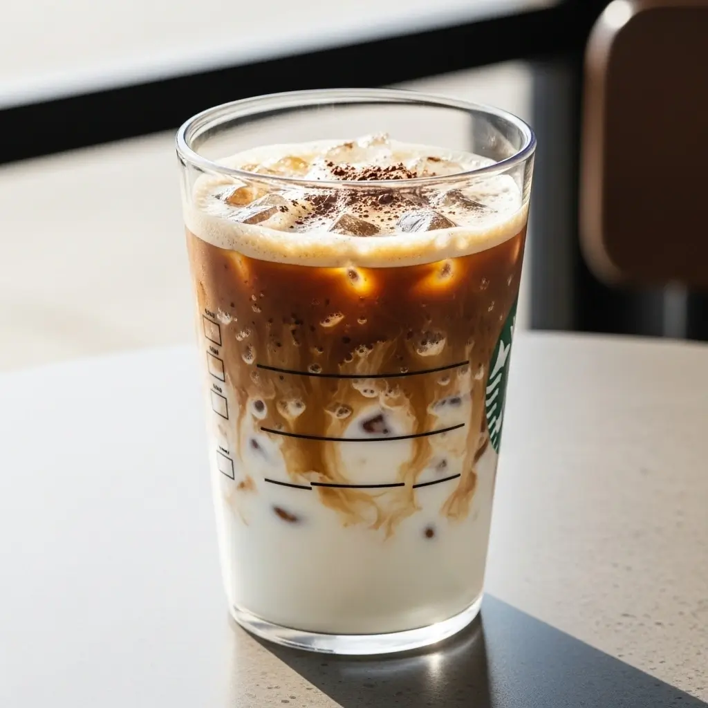 Iced shaken espresso with milk and frothy top in a clear Starbucks-style cup.