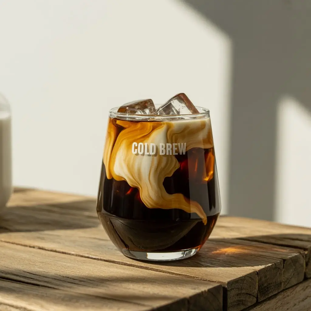 Cold brew coffee topped with vanilla sweet cream swirling in a clear glass with ice.