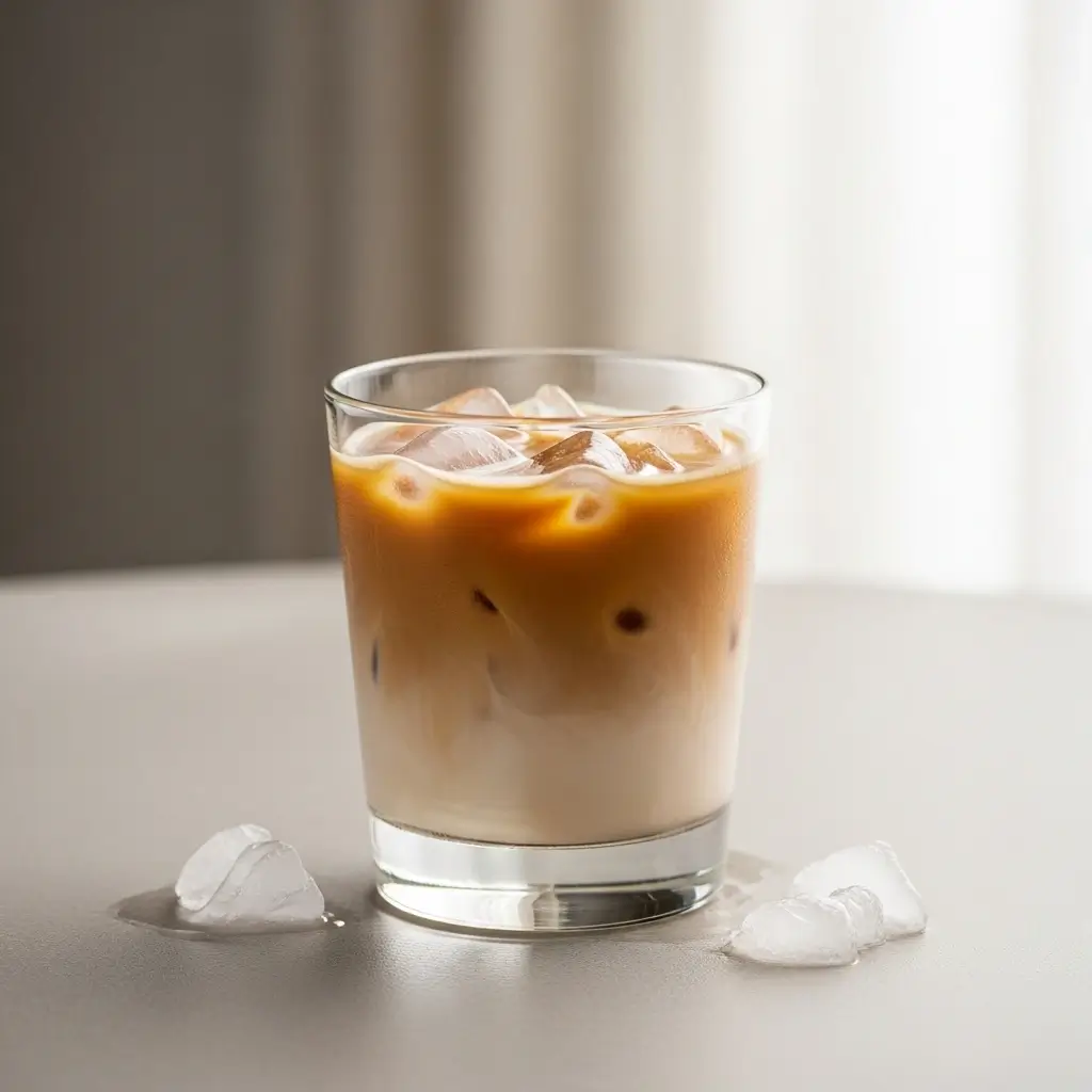 Iced latte with espresso, milk, and ice in a clear glass on a neutral table.