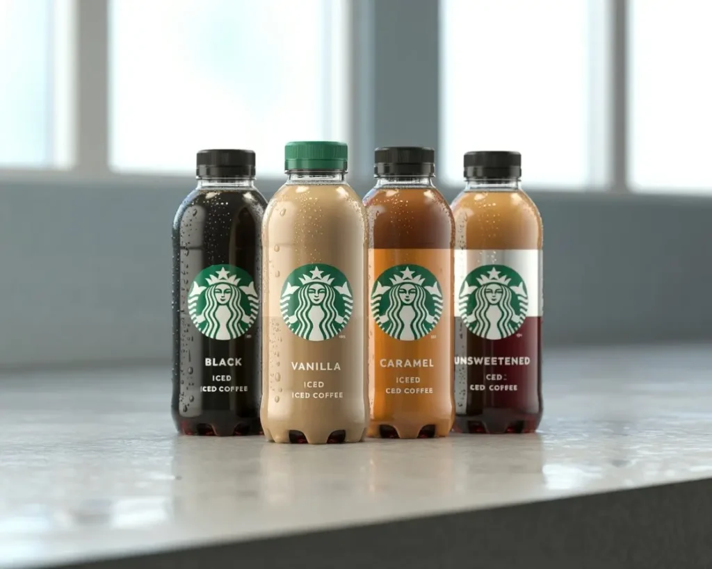 Starbucks bottled iced coffee flavors including black, vanilla, and caramel on a clean surface.